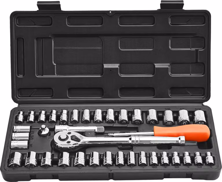 Set di chiavi a bussola - 39 pezzi. Cassetta con cricchetto e cricchetto a scatto - Attacco 9,5 e 6,4 mm - Metrico e imperiale (SAE) - Acciaio al cromo-vanadio - Con cricchetto e accessori - Valigetta di trasporto