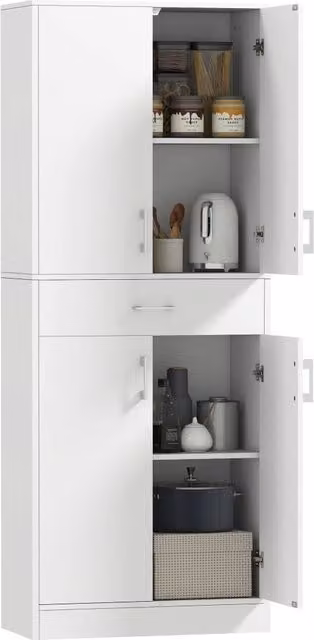 Credenza Cucina Alta con 4 Ante e Cassetto Centrale, Mobile con Ripiani Regolabili, Pratico e Salvaspazio, Bianco