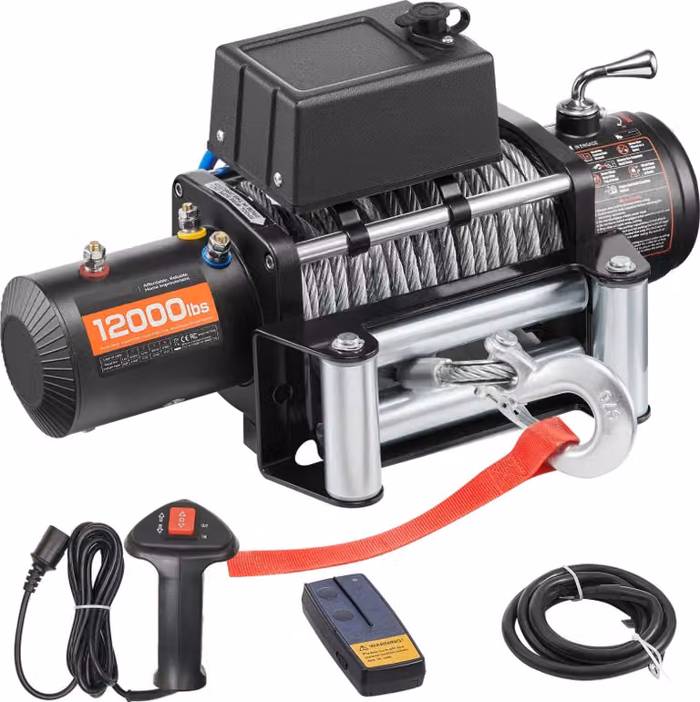 Argano elettrico a cavo - Argano per camion/auto da 12 V - Forza di trazione di 5.400 kg - Cavo d'acciaio da 9,1 mm x 26 m - Telecomando via radio e cavo - Per SUV, pickup, rimorchi, barche, veicoli fuoristrada