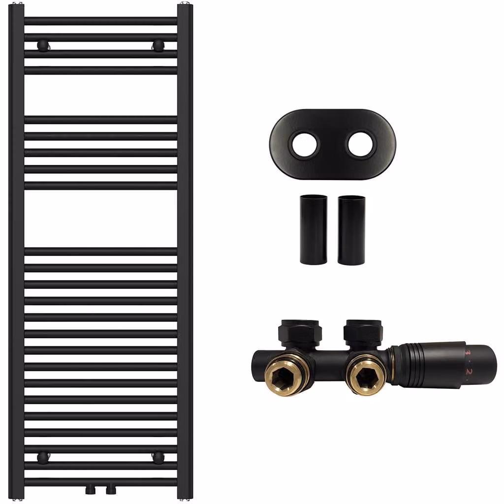 Kit radiatore per bagno Benito – riscaldamento centralizzato – attacco centrale da 50 mm – 477W – nero opaco – 1200x450 mm