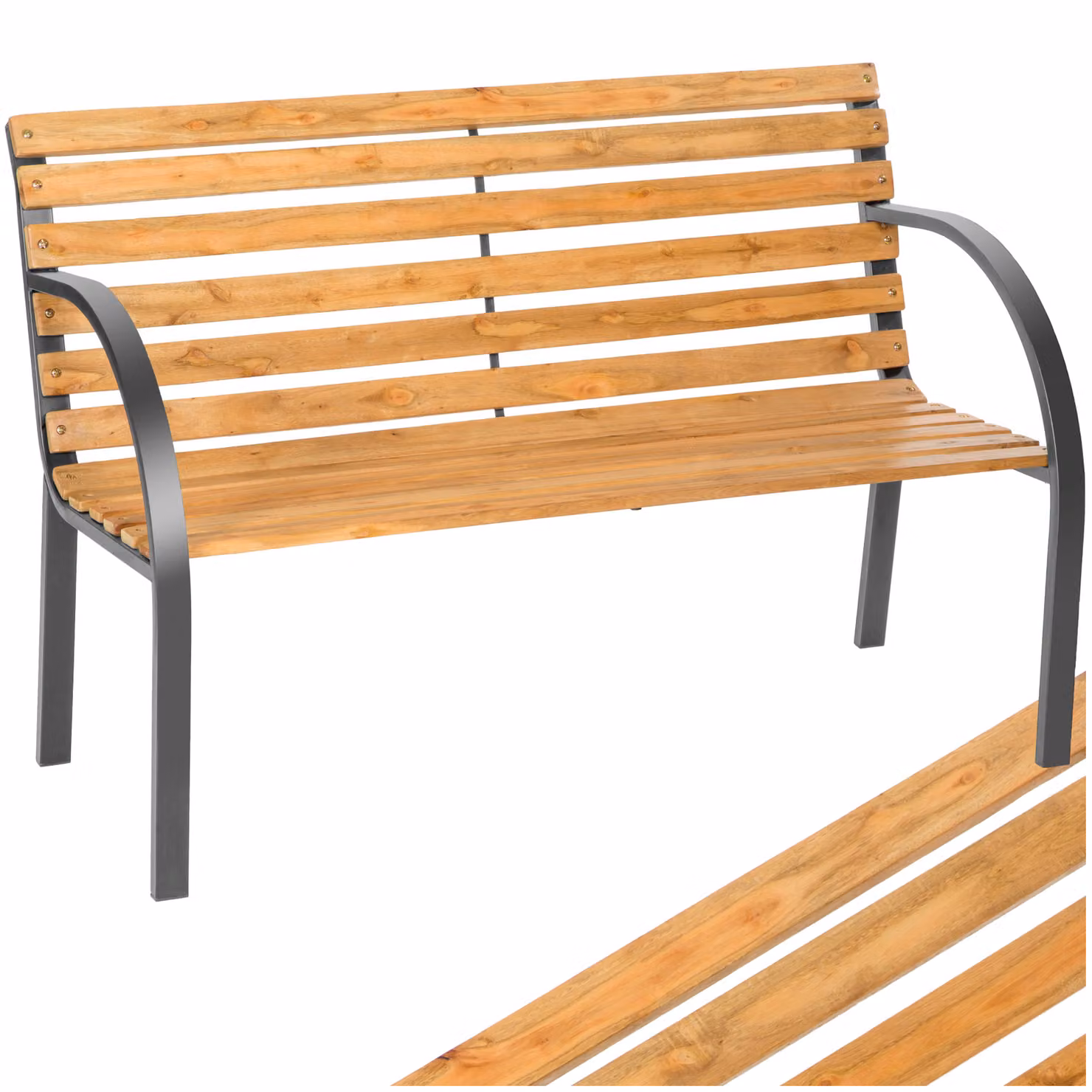 Panchina da giardino TecTake GmbH in legno e metallo marrone con braccioli, 2 posti, L: 119,5 cm, P: 62 cm, H: 83 cm – 1