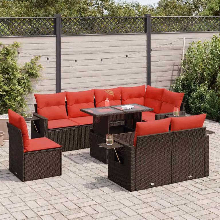 Set Divani da Giardino vidaXL 9 Pezzi in Polyrattan Marrone con Cuscini e Tavolino da Esterno a Forma di U