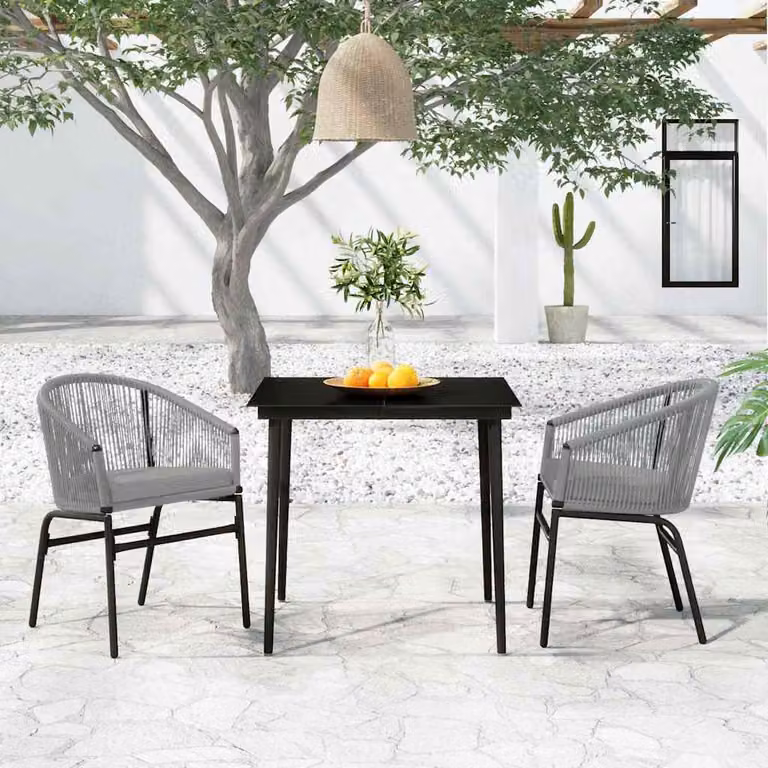 Set da giardino vidaXL in 3 pezzi moderno color antracite con tavolo in vetro e sedie in metallo e rattan