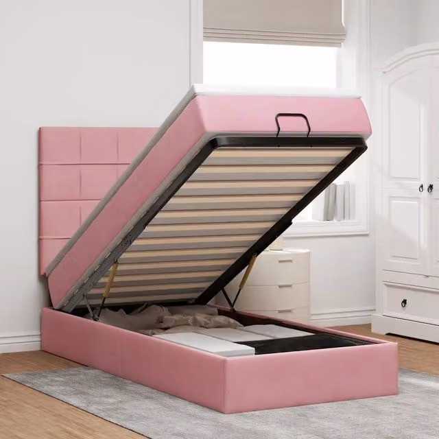 Letto con contenitore a sollevamento vidaXL in velluto rosa e bianco L 200 x P 100 x H 44 cm – 1