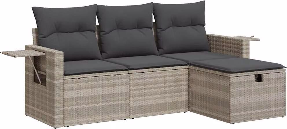 Set Divano da Giardino 4pz con Cuscini Grigio Chiaro Polyrattan