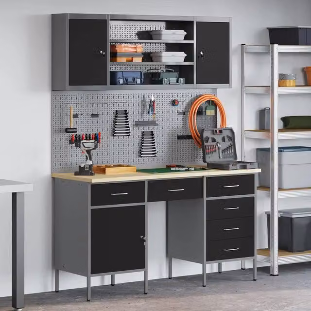Set da lavoro vidaXL composto da 7 pezzi in legno ingegnerizzato e acciaio, colore nero – 1