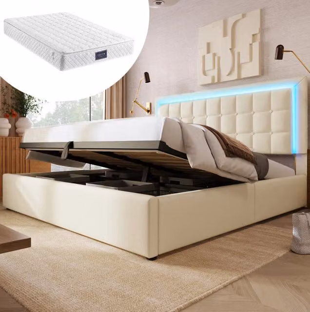 Letto contenitore 140x200 cm in PU bianco con LED e materasso -