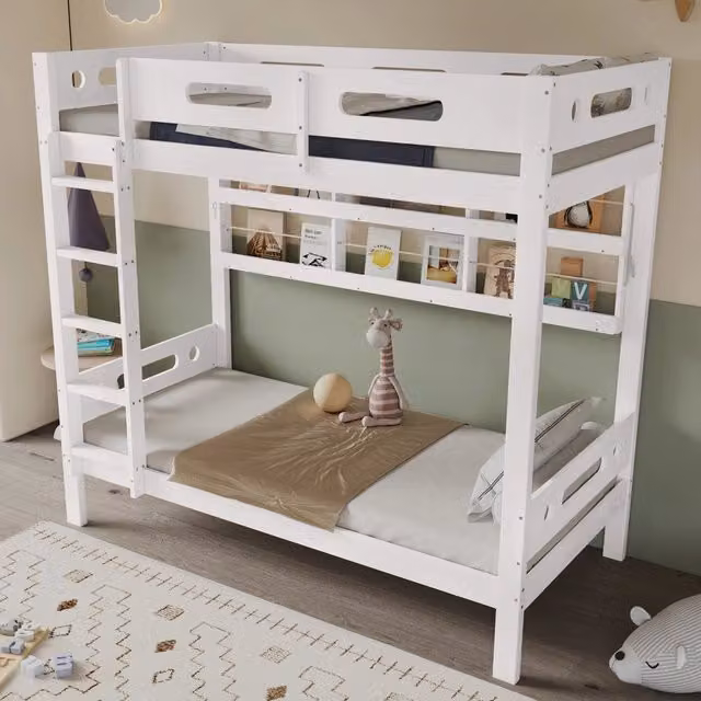 Letto a castello 2 posti 90 × 200 cm con ripiani aperti e scala a 5 gradini, senza materasso, pino e MDF bianco