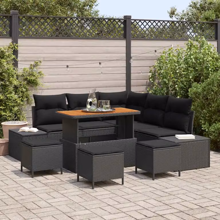Set Divano da Giardino vidaXL 9 Pezzi Moderno a Forma di L Nero con Cuscini e Tavolino da Esterno