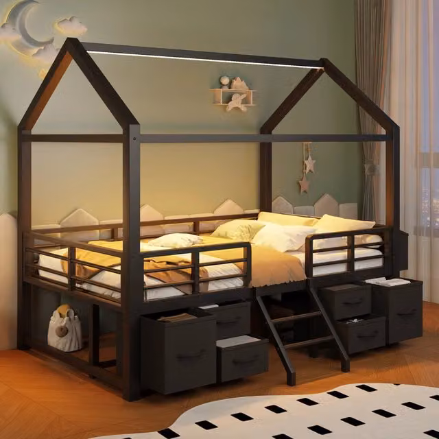 Desviae Letto a soppalco per bambini 90 × 200 cm con tetto a casetta LED cassetti in tessuto struttura in metallo nero