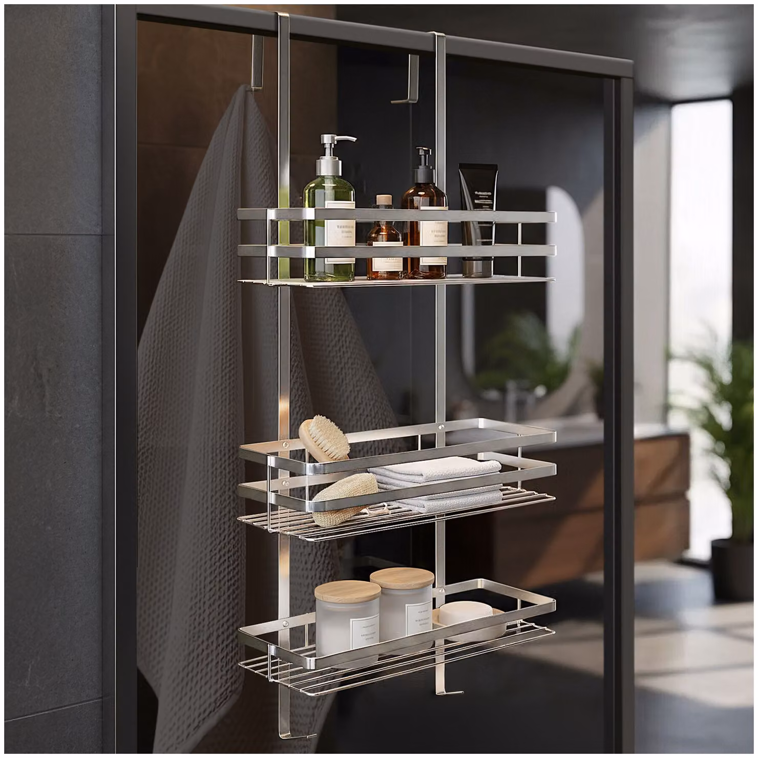 Scaffaletto da appendere per doccia TecTake GmbH in acciaio inox, argento, L: 30 cm, P: 17 cm, H: 80 cm – 1