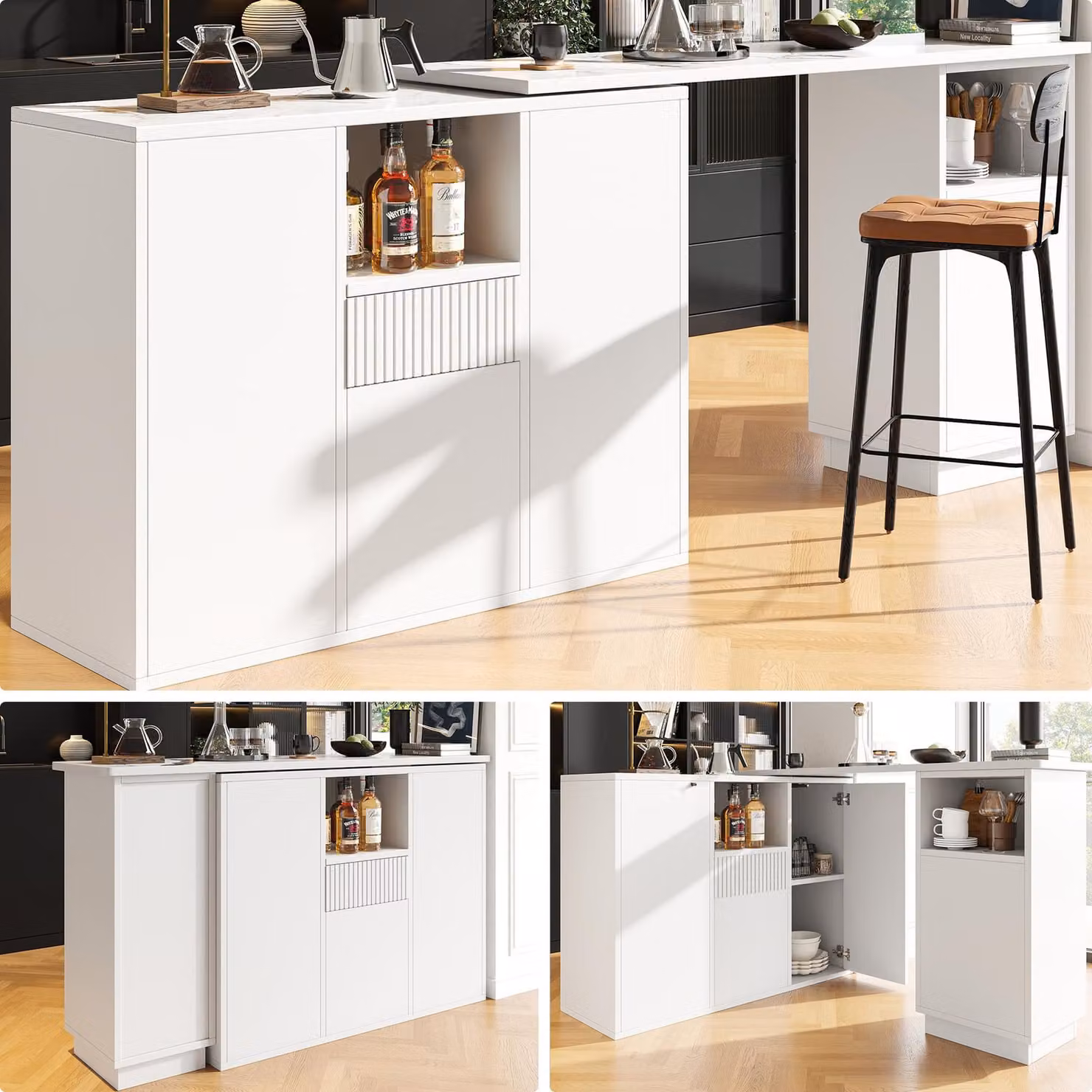 Tavolo da bar Sweiko girevole a 360° (corpo principale 210 x 30 x 100,9 cm), design moderno ed elegante in bianco, con spazio di archiviazione aperto e piano di lavoro in marmo, isola di archiviazione multifunzionale