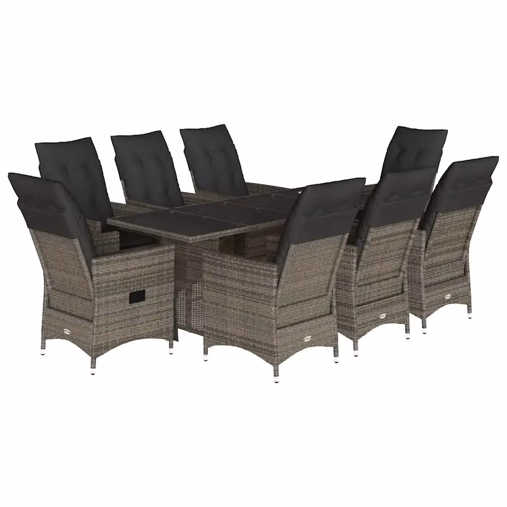 Set da Pranzo da Giardino vidaXL in Polyrattan con Cuscini e Tavolo in Vetro, 9 Pezzi, Grigio e Marrone – 2