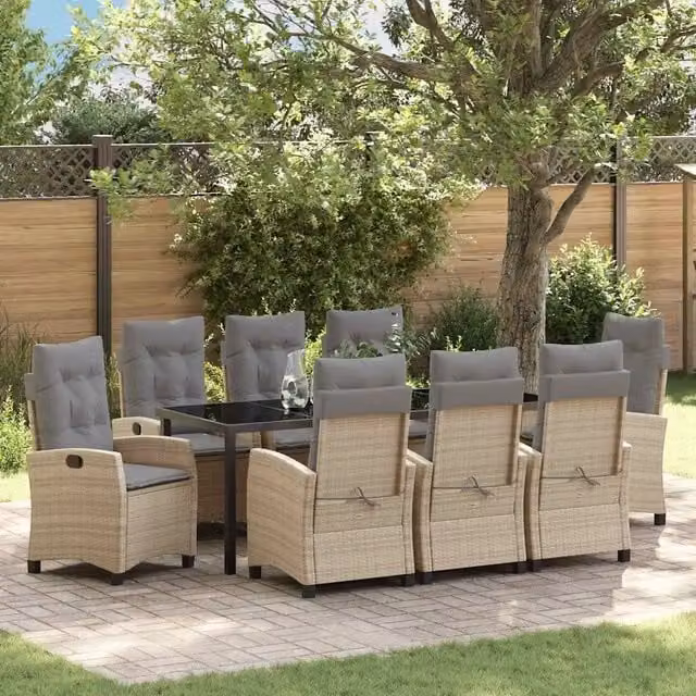Set da pranzo per giardino e terrazzo vidaXL in polyrattan e vetro beige, 9 pezzi – 1