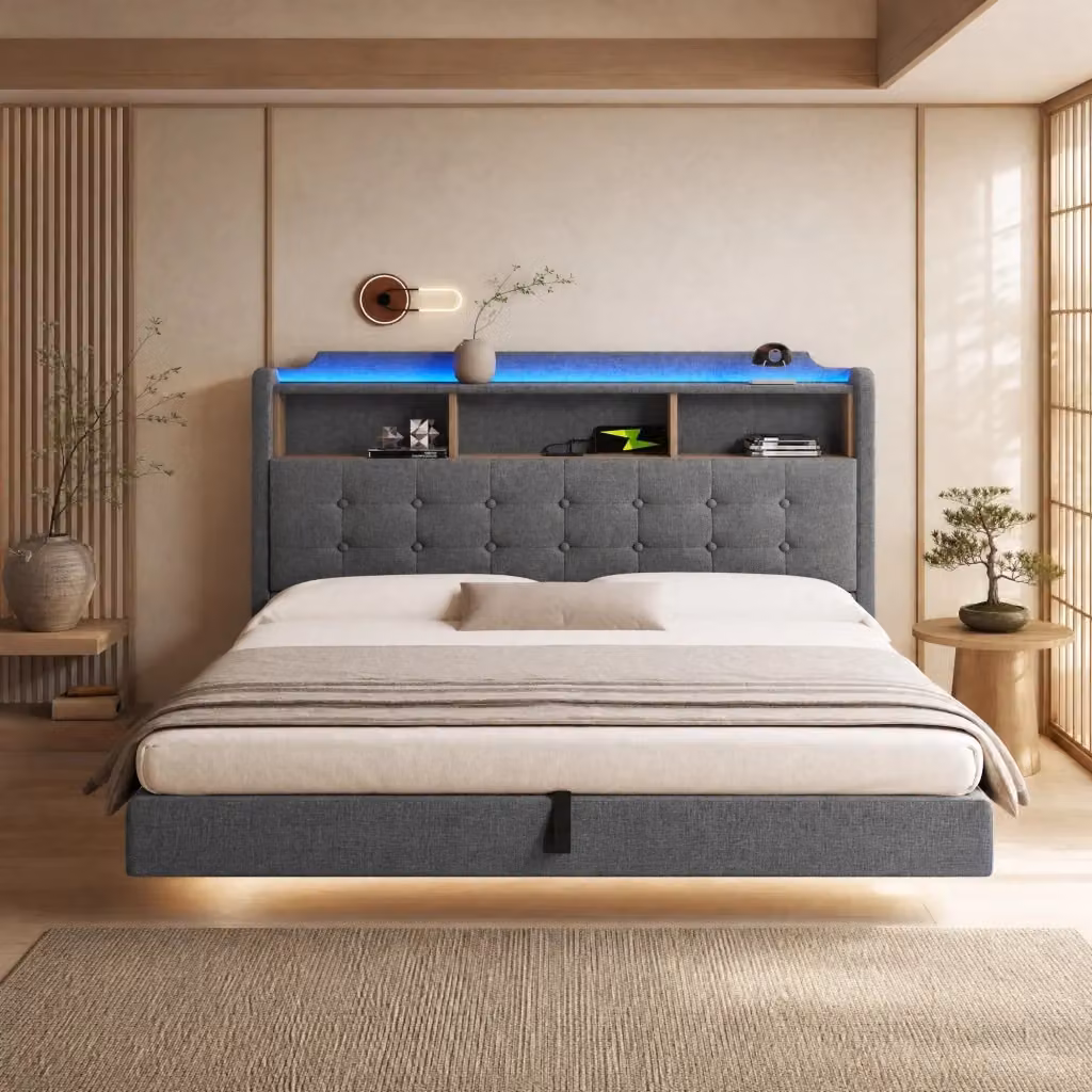 Letto contenitore Mivray in lino grigio con vano idraulico, illuminazione LED multicolore e porte USB e Type-C, L/P: 180 x 200 cm – 2
