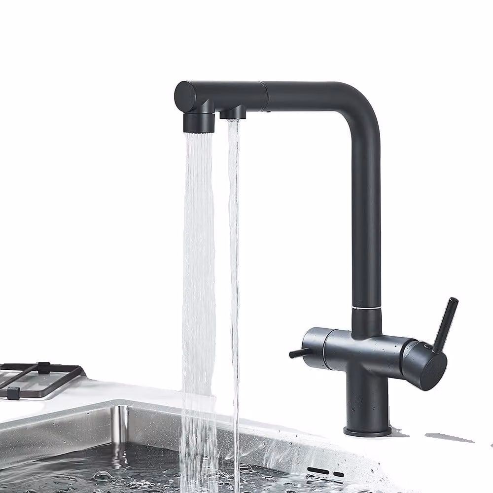 Miscelatore da cucina a due maniglie, acqua fredda e calda, bocca estraibile per acqua filtrata, nero opaco