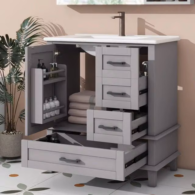Mobile bagno da terra 76x46x83,5 cm con lavabo in ceramica integrato, 3 cassetti silenziosi, ripiano porta, verniciatura completa, grigio