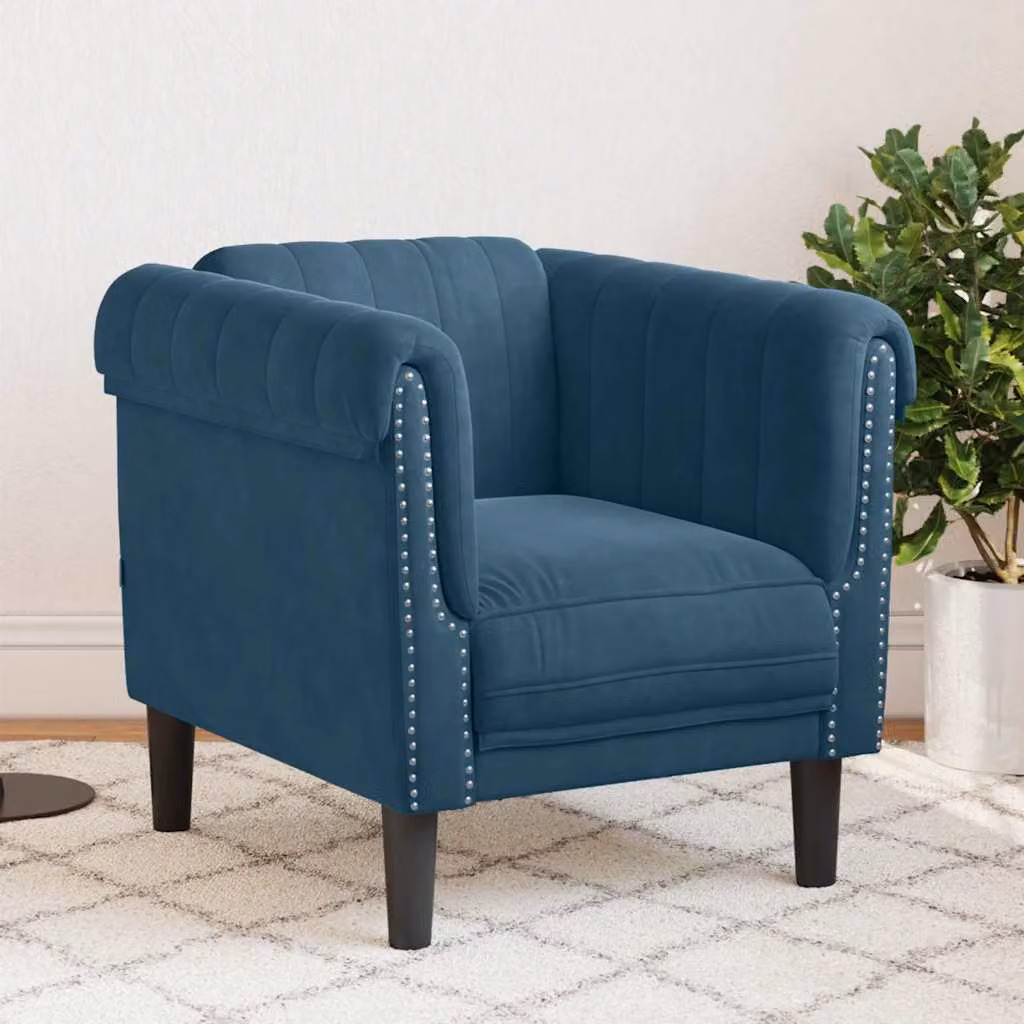 Poltrona moderna vidaXL in velluto blu con braccioli e struttura in legno