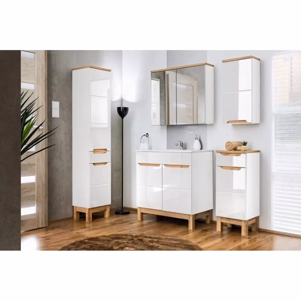Set bagno moderno Meublorama ERMANO composto da mobile sottolavabo 80cm, lavabo da incasso, colonna, mobili con specchi e sifone in finitura lucida bianco o beige – 2