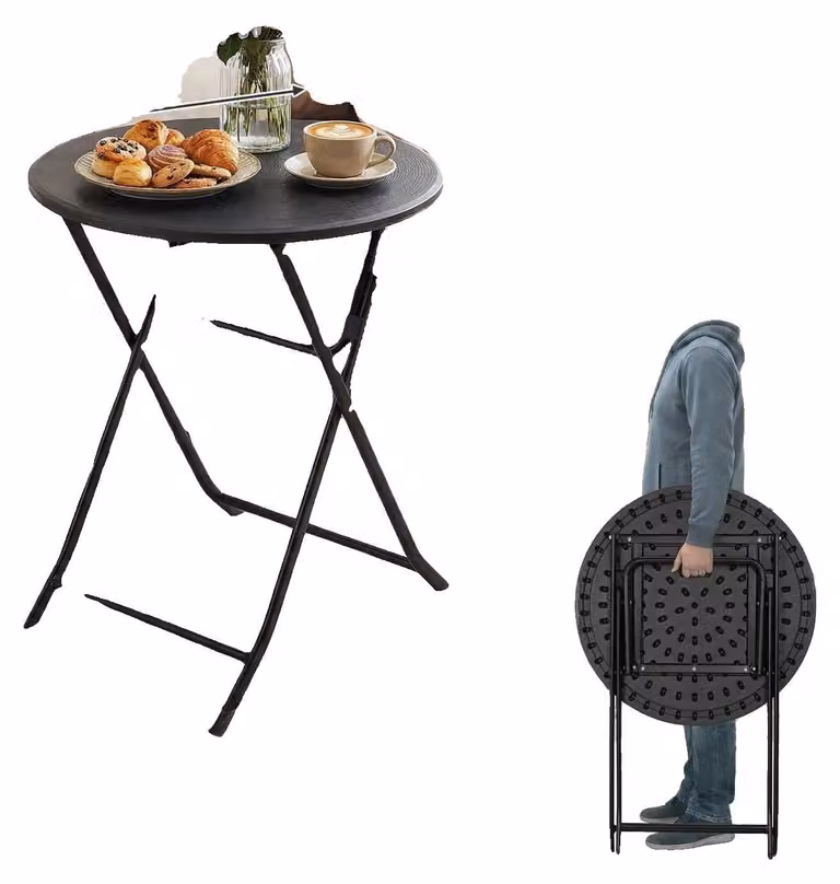 Tavolino pieghevole, struttura in acciaio, portatile e robusto, rotondo 60 cm, nero