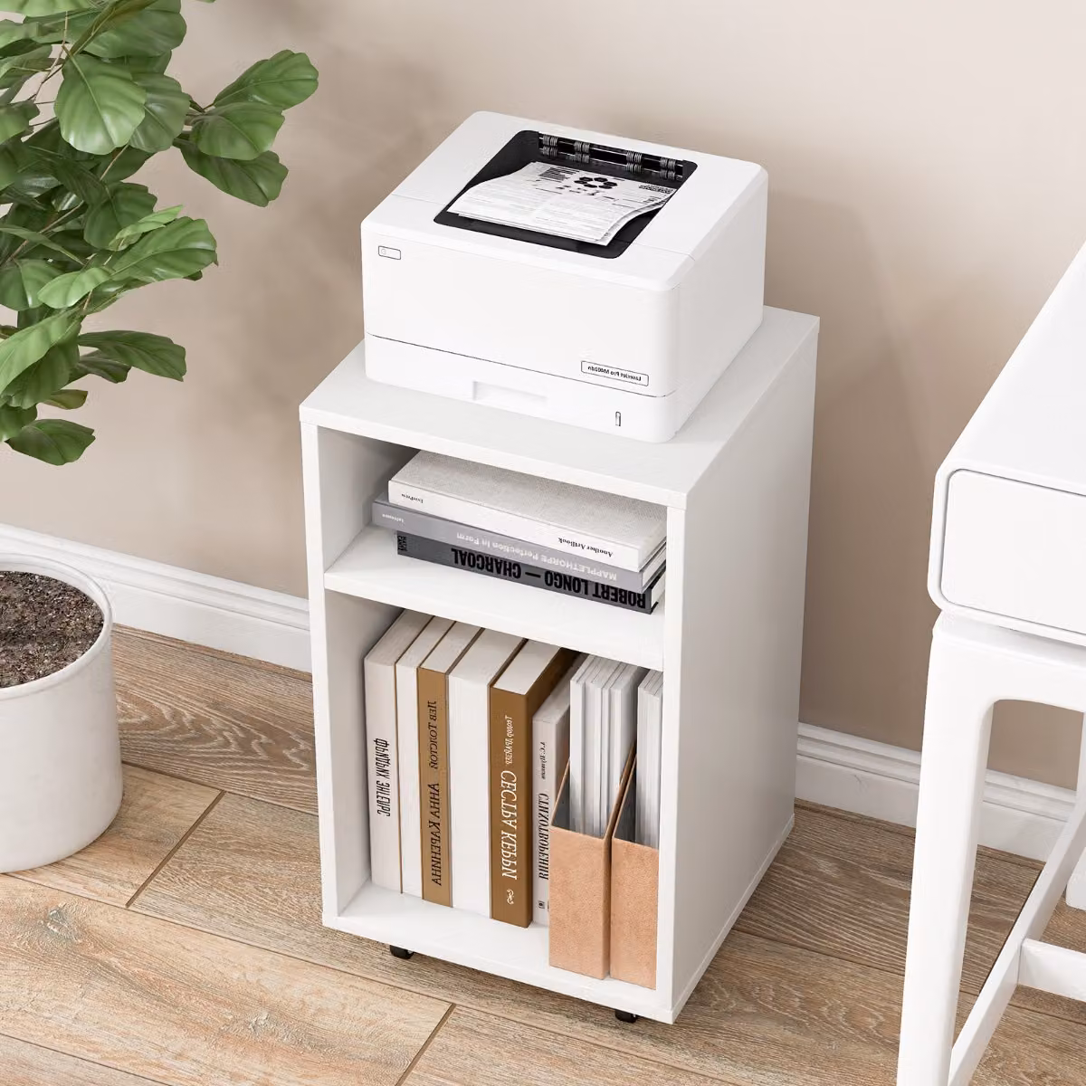 Costway Schedario da ufficio con ruote piroettanti 2 scomparti aperti, Mobiletto porta stampante multiuso moderno Bianco