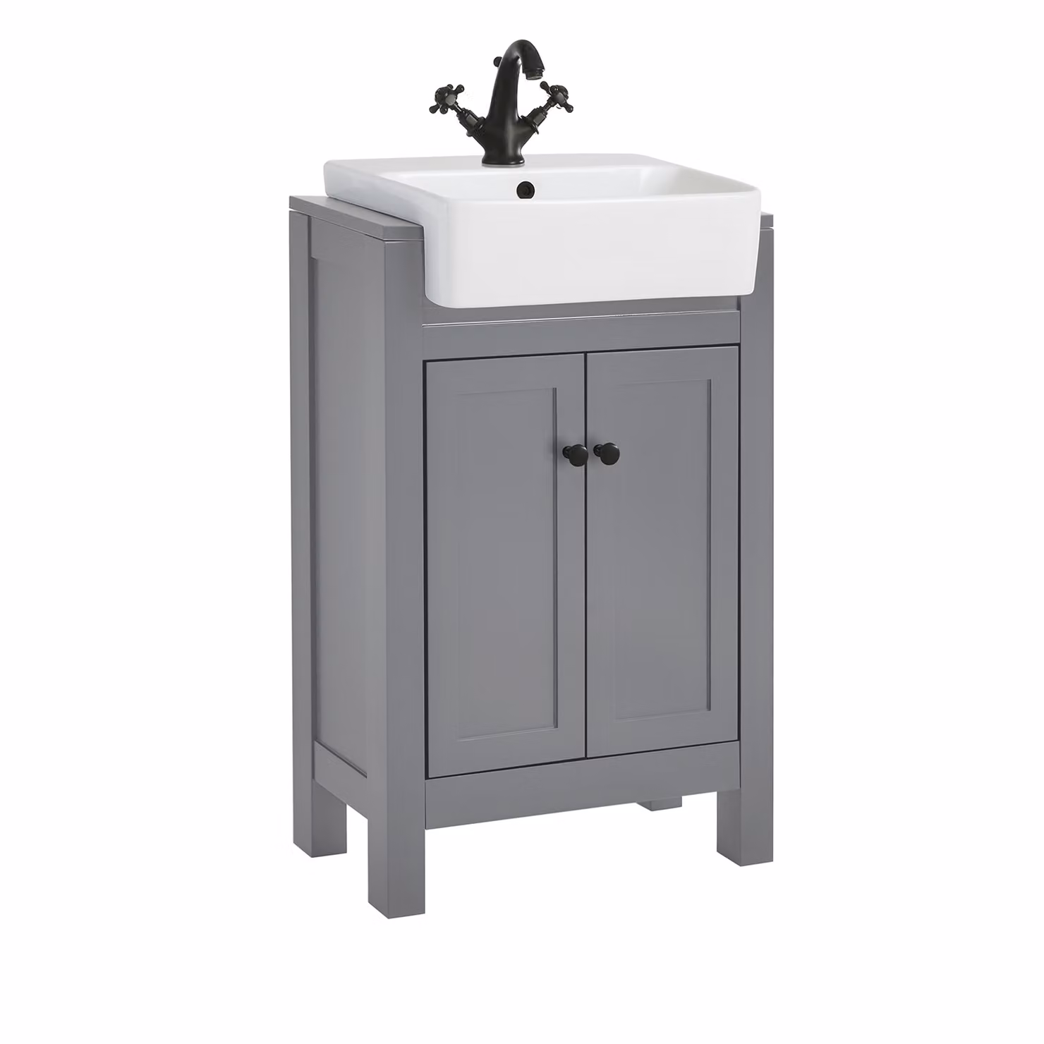 Mobile Bagno Grigio Chiaro da 550mm con Lavabo e Maniglie Classiche Rotonde Nere - Warwick