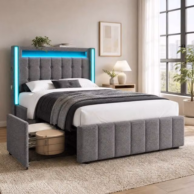 Letto singolo 90x200 cm in tessuto lino con 2 cassetti; USB e LED; grigio