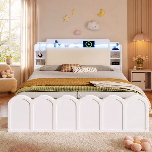 Letto contenitore matrimoniale 140 × 200 cm con testiera imbottita, LED, USB e apertura idraulica bianco