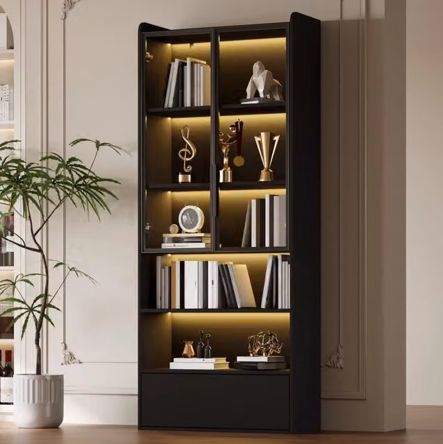 Vetrina ULEVR 80x34x180 cm con LED controllabile via app, 1 cassetto e ante in vetro, nero