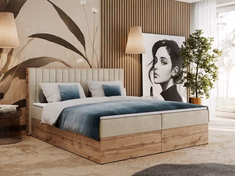 Letto boxspring, due cassetti portaoggetti, set completo con materasso e coprimaterasso - Albero-4 - 160x200 cm - Velluto beige - H3