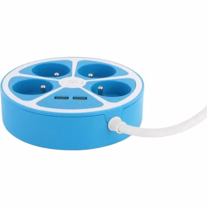 Presa di corrente rotonda - CHACON - 4 x 16 A - Cavo da 1,5 m - con 2 porte USB-A + interruttore - Blu