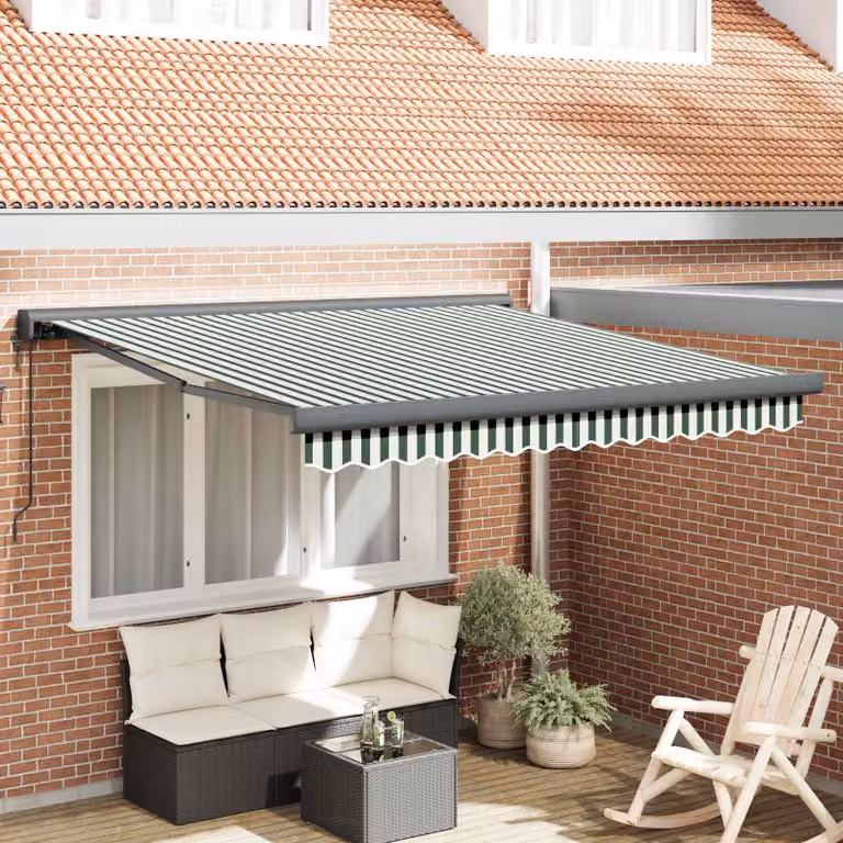 Tenda retrattile vidaXL con bracci pieghevoli in poliestere, Verde e Bianco, L: 350 cm, P: 250 cm, H: 165 cm