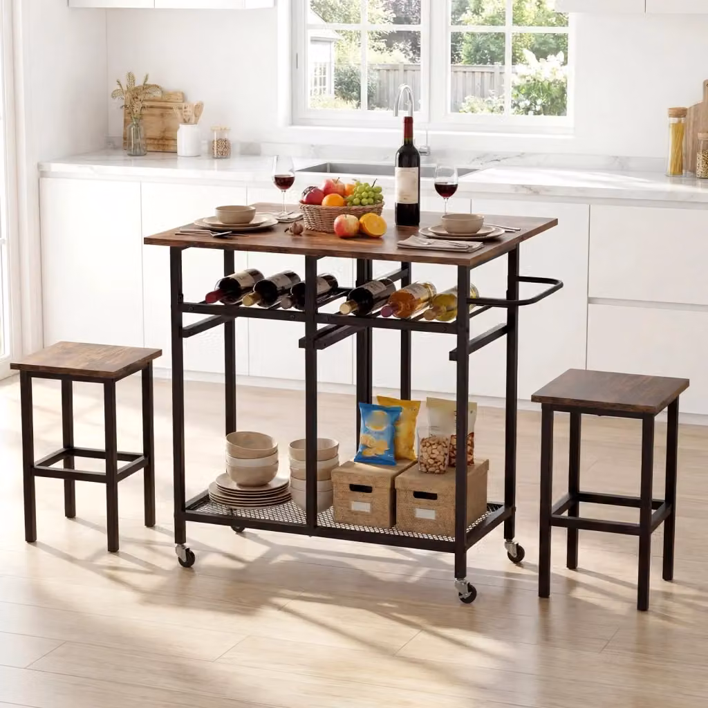 Set tavolo da pranzo estendibile con 2 sgabelli e portabottiglie in stile industriale, colore marrone, L: 120 cm, H: 74 cm, P: 76 cm – 2
