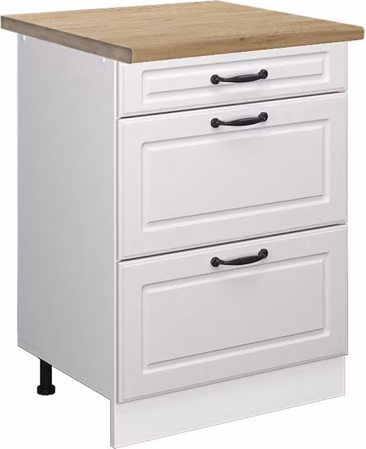 Mobiletto base per cucina R-Line Bianco rustico/Bianco 60 cm con cassetti, PL Rovere Vicco