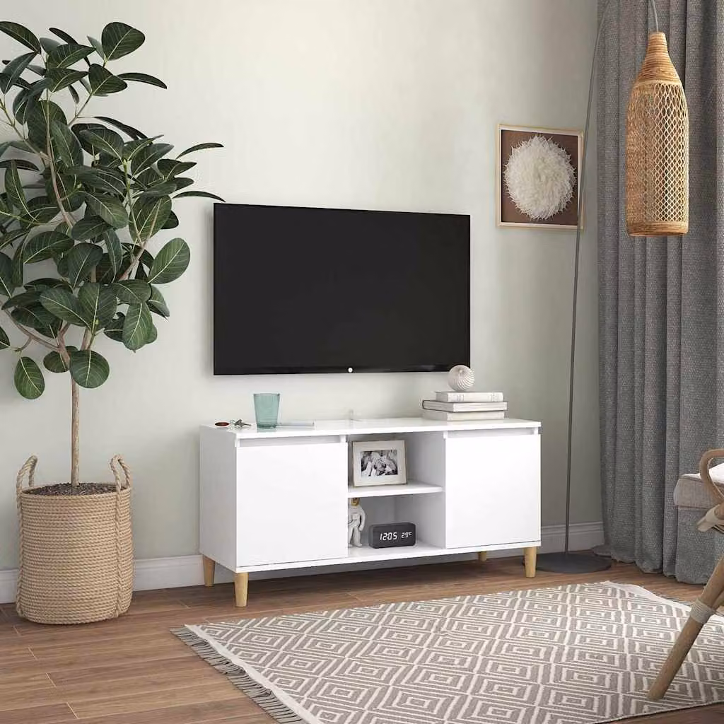 Comodino vidaXL in stile scandinavo con gambe in legno massello, Bianco opaco, L: 103,5 cm, P: 35,0 cm, H: 50,0 cm