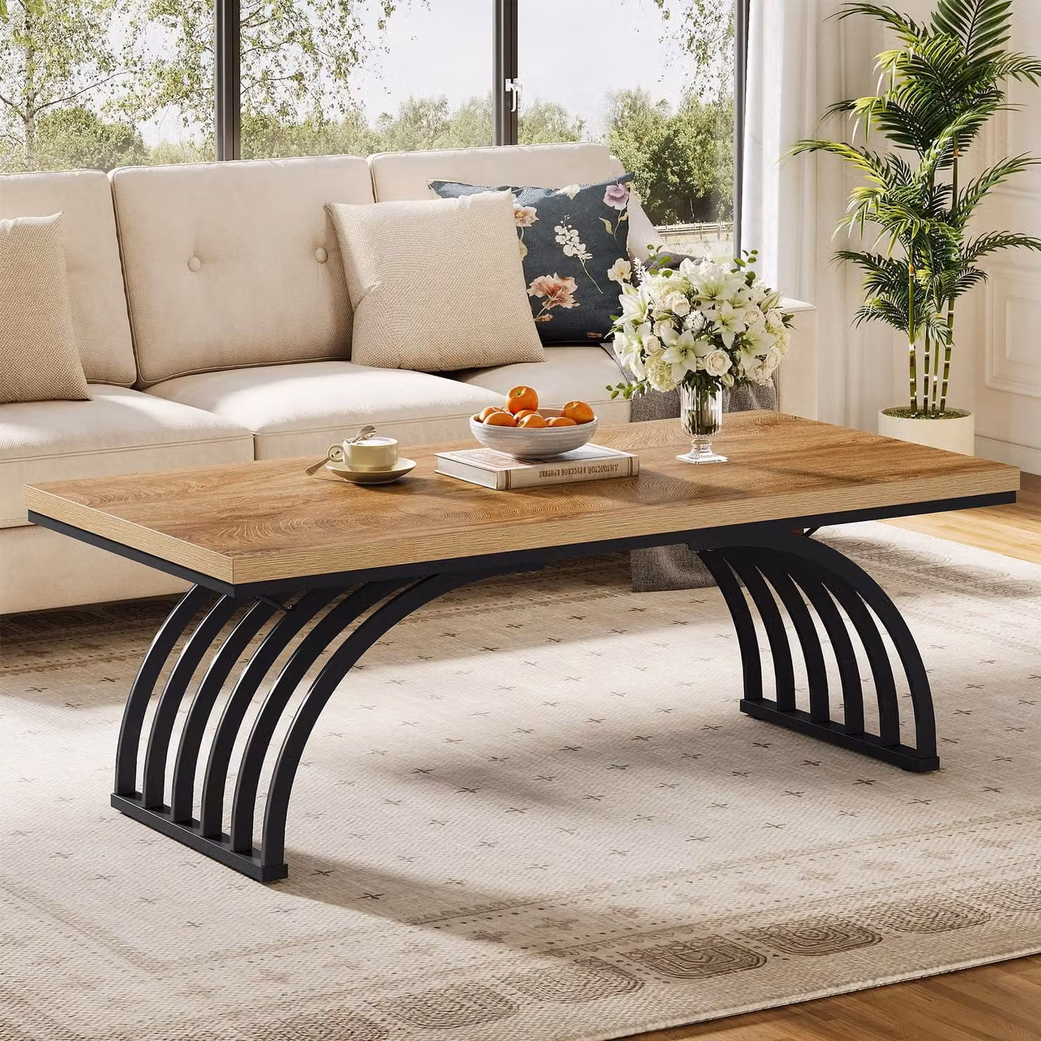 Tavolino da caffè Tribesigns in legno, tavolo da tè rettangolare rustico da 120 cm con gambe con struttura in metallo soggiorno, casa, facile da montare, marrone e nero