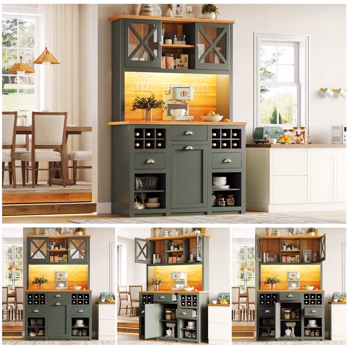 Mobiletto da cucina 120 x 45 x 188 cm, verde, mobiletto alto con ante in vetro e illuminazione a LED, credenza con portabottiglie e ripiani regolabili