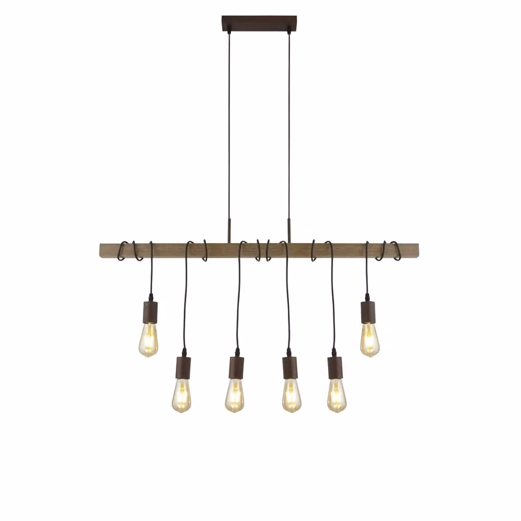 Lampadario a sospensione Searchlight in stile industriale e rustico con 6 luci E27, finitura marrone in metallo e legno, altezza regolabile – 2