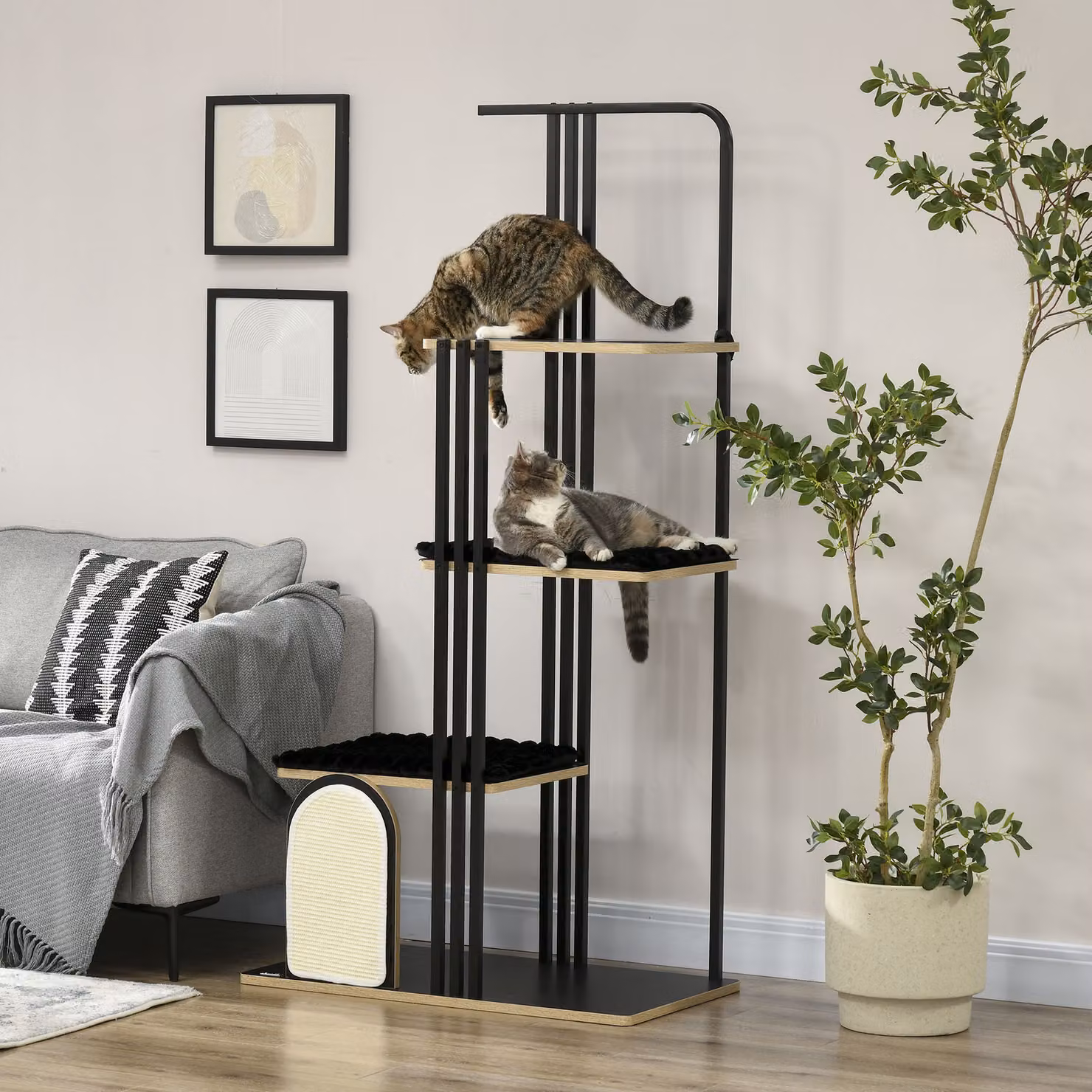 Tiragraffi industriale PawHut per gatti con 3 piattaforme, cuscini e pannello graffiante, Nero, H 170 x L 85 x P 48 cm – 2