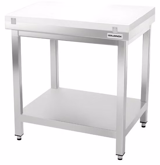 Tavolo da lavoro in acciaio inossidabile, dimensioni 700x600 mm, con piano di taglio bianco PREMIUM - GOLDINOX