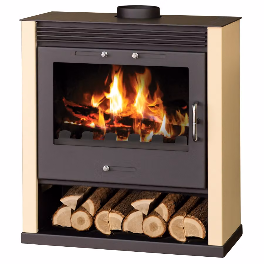 Stufa a legna EEK Victoria Rubin, colore avorio, con ampia vetrata – 13 kW
