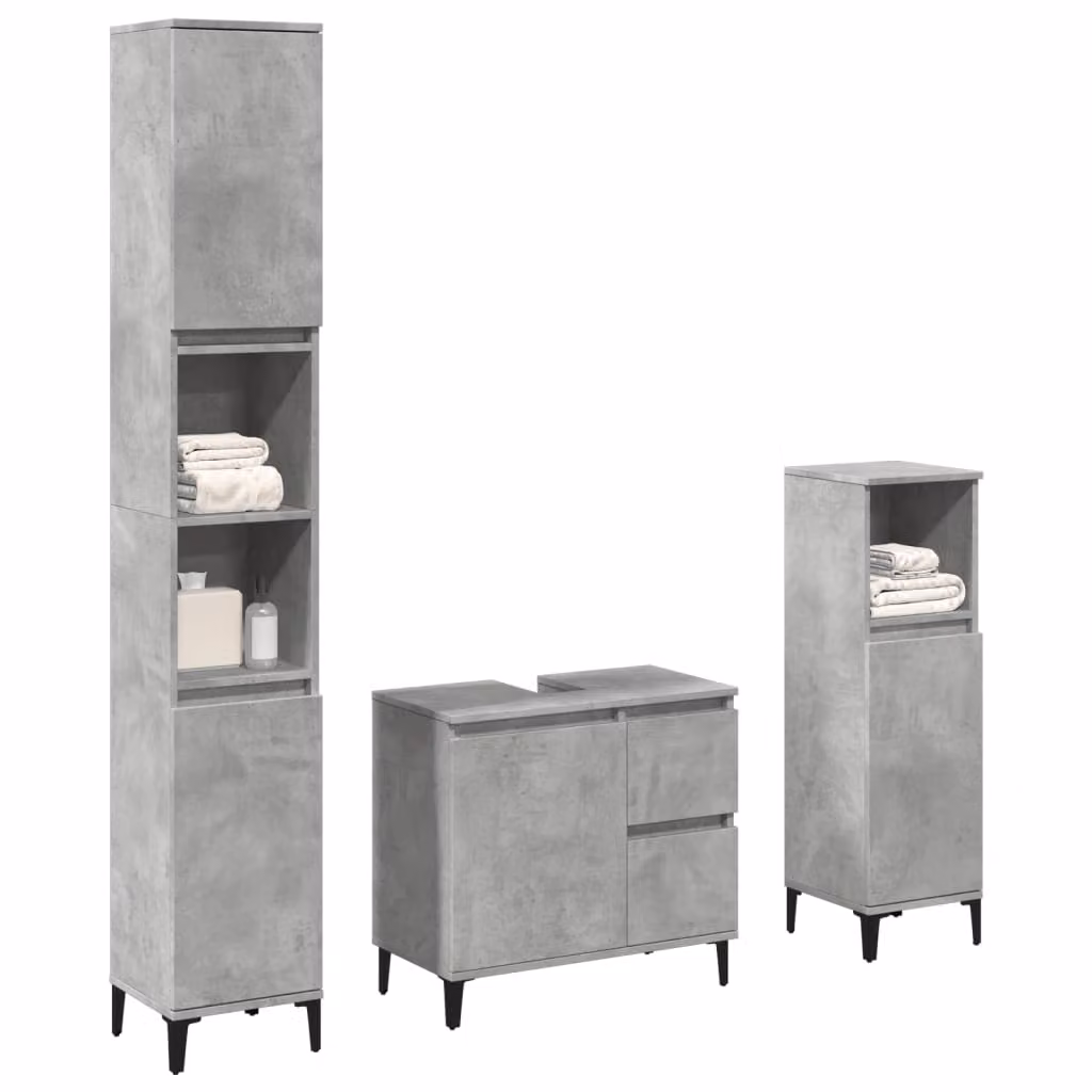 Set di mobili da bagno vidaXL 3 pezzi in legno e metallo grigio con base lavabo, colonna alta e mobile laterale