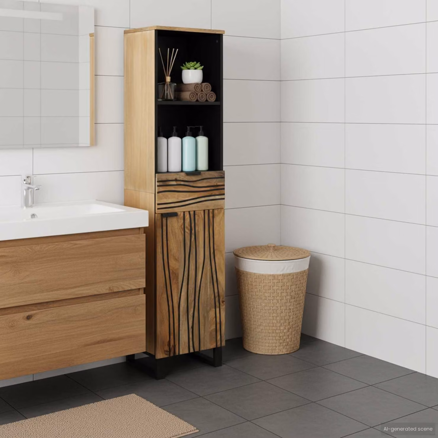 Mobile da bagno moderno vidaXL in legno e metallo, marrone e nero, L/P/H: 38 x 33 x 160 cm