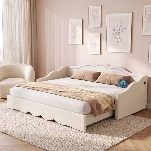 Letto estraibile 90 × 200 cm e 180 × 200 cm con LED, USB e Type-C, senza materasso, in velluto beige