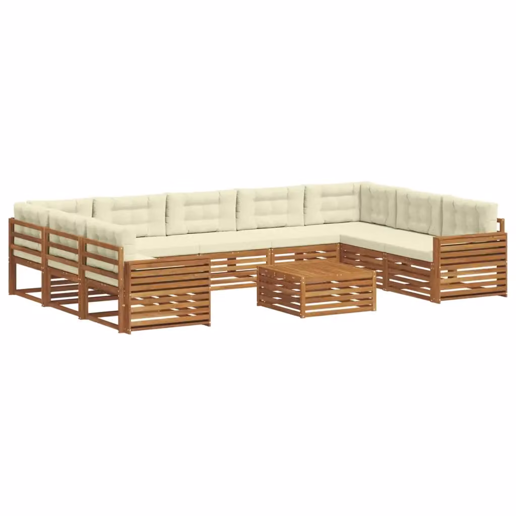 Set di divani da esterno a L vidaXL in legno di acacia con cuscini beige e bianco – 2