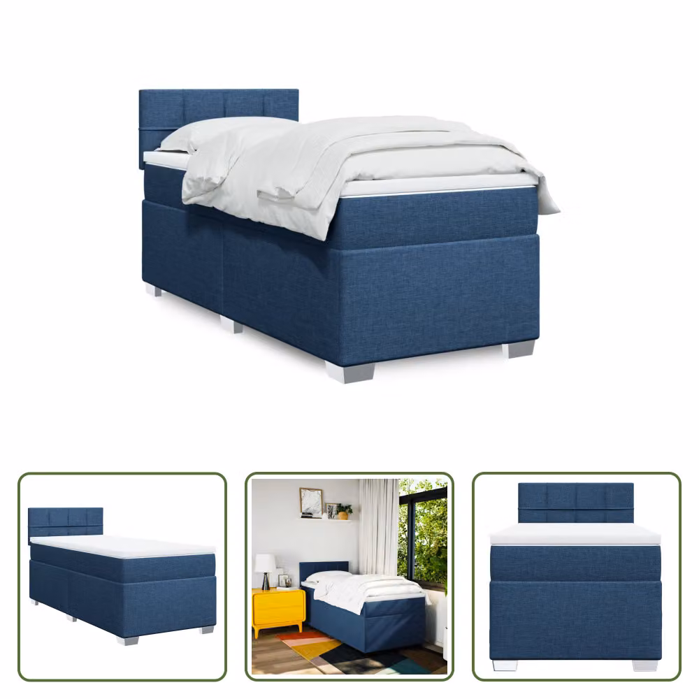 The Living Store Letto a molle con materasso blu 100x200 cm in tessuto