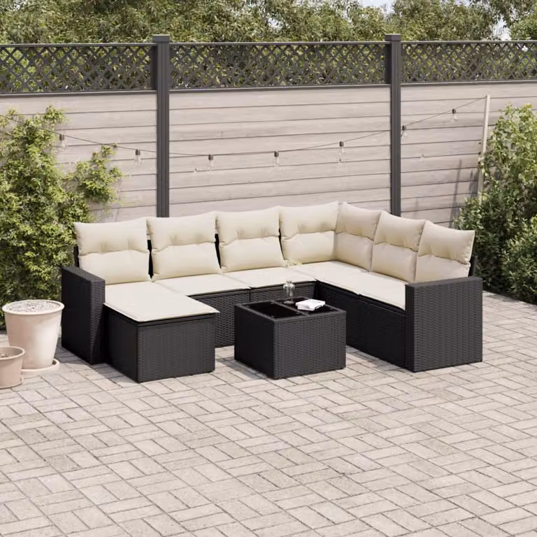 vidaXL Set Divani da Giardino a L in Polyrattan Nero con Cuscini e Tavolino da Esterno 8 pz