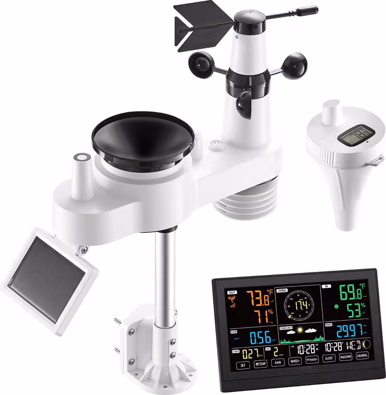 SucceBuy Stazione meteo WLAN 7 in 1 con APP, display da 7,5 pollici, sensore da esterno a energia solare, incluso termometro per piscina, pluviometro, centro meteo per previsioni, misurazione del vento e temperatura della piscina