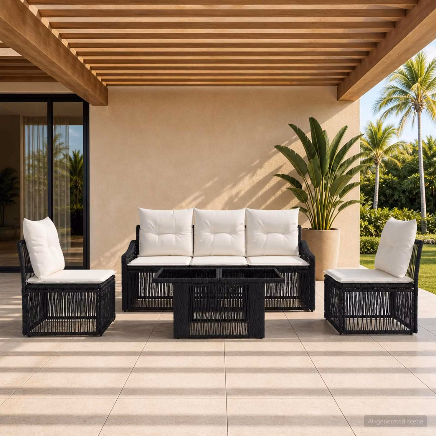 Set Divano da Giardino Moderno vidaXL in Polyrattan Nero e Bianco Crema con Cuscini e Tavolino in Vetro, 6 Pezzi