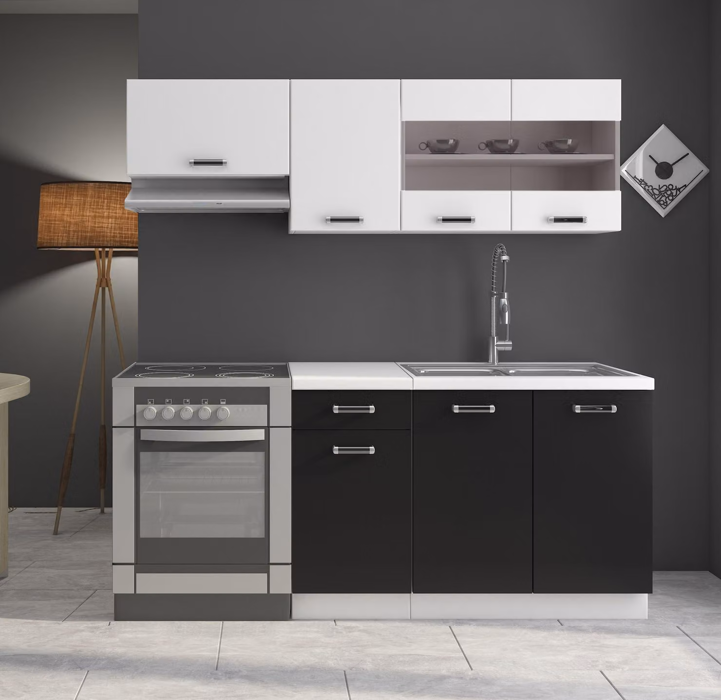 Cucina Omega Mini 180 cm, angolo cottura, blocco cucina, cucina monoblocco, bianco e nero